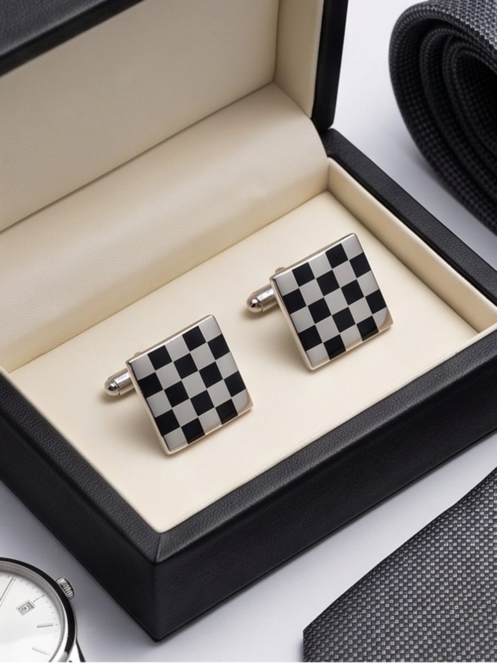 Source Unknown Black and White Checkered Square Cufflinks☑️